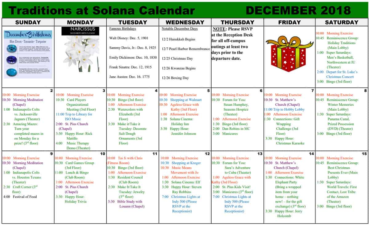 projector elevation Underline December 2018 Calendar - Traditions at Solana