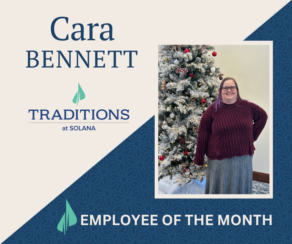 Photo of a woman standing with her hand on her hip by a Christmas tree on a graphic that says Traditions Management Employee of the Month