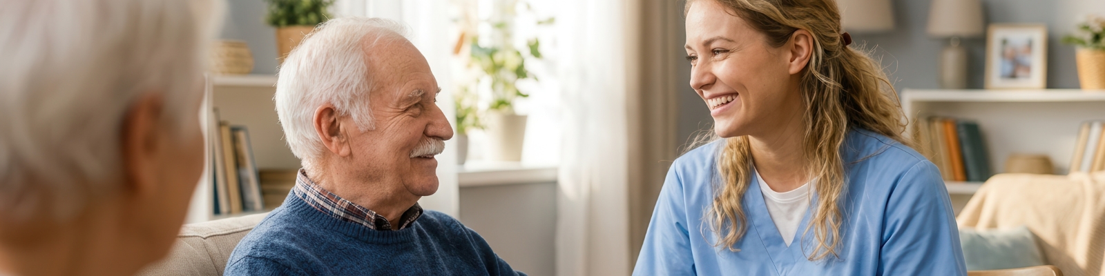 An older couple and caregiver sitting in a living room; the couple and the caregiver are looking at each other and smiling.